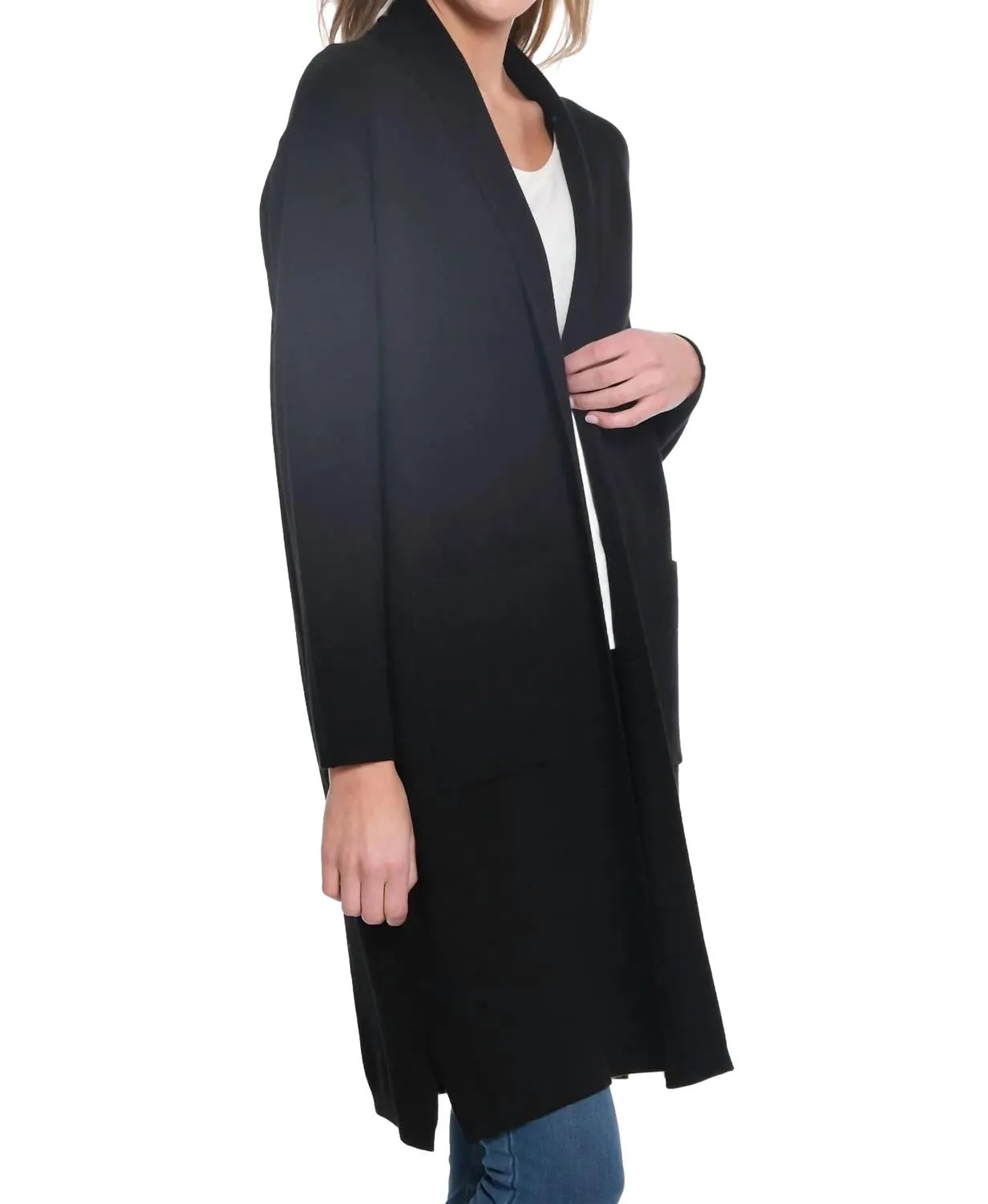 3/4-Ärmel Drop-Shoulder Schalkragen Cardigan mit offener Front in Schwarz