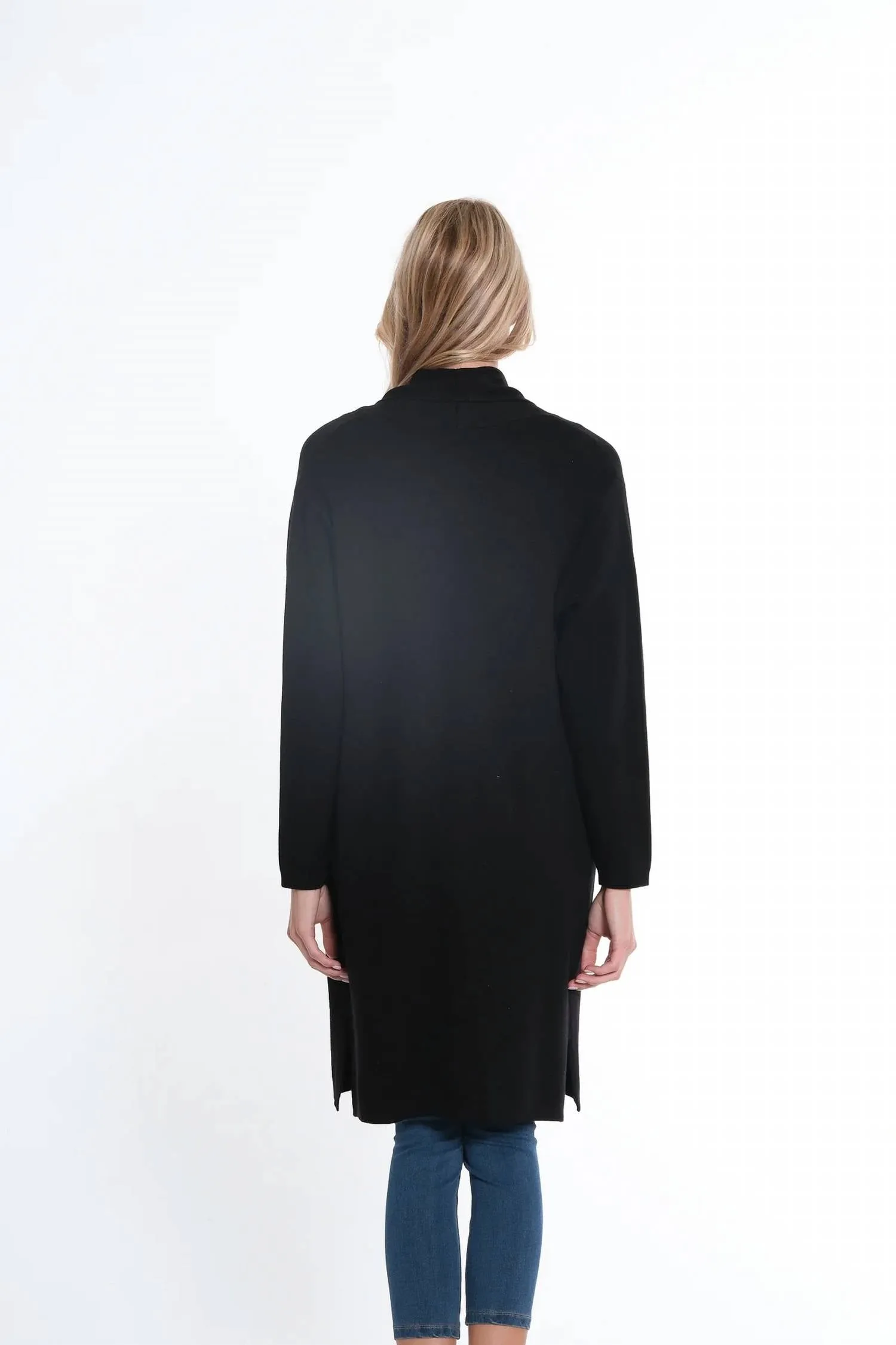 3/4-Ärmel Drop-Shoulder Schalkragen Cardigan mit offener Front in Schwarz