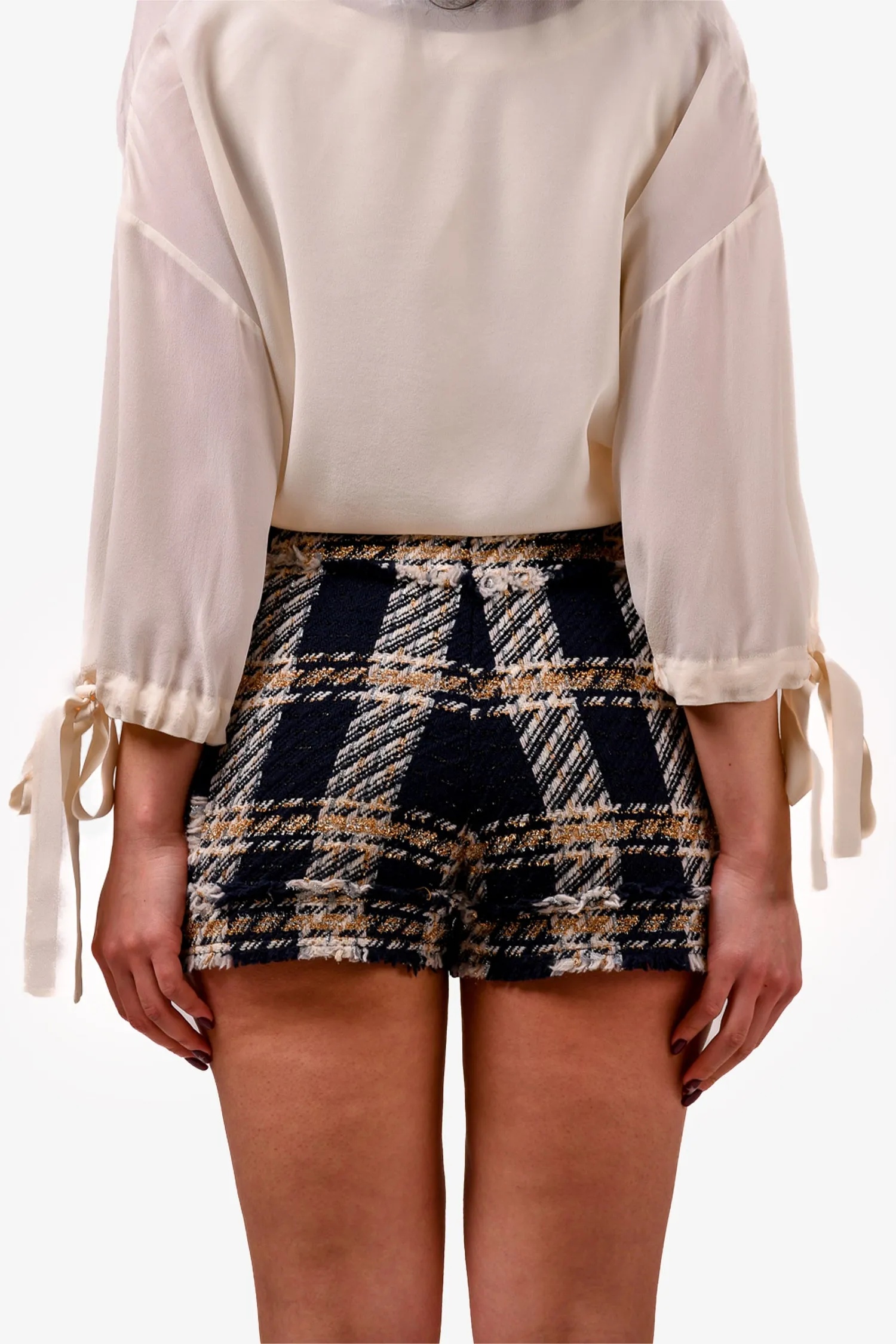 Balmain Marineblau/Gold Hahnentritt-Woll-Hochwaist-Shorts Größe 36