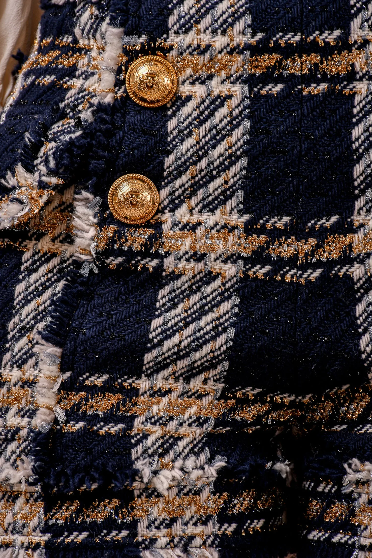 Balmain Marineblau/Gold Hahnentritt-Woll-Hochwaist-Shorts Größe 36