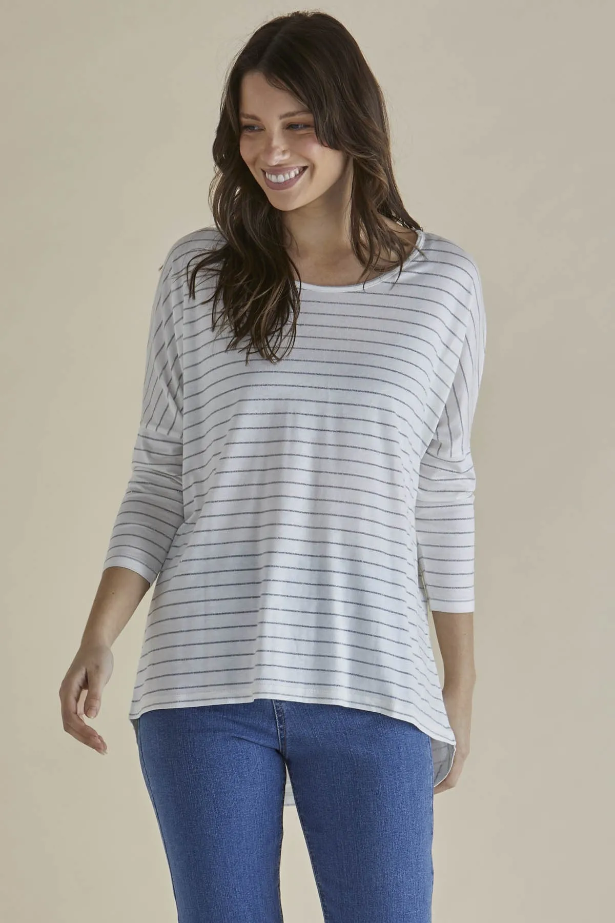 Betty Basics Mailand 3/4-Ärmel Top Weiß Lurex Streifen