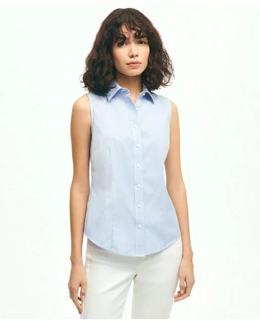 Brooks Brothers Damen Slim Fit Supima-Baumwolle Bügelfrei Gingham-Hemd ohne Ärmel Blau Brooks Brothers