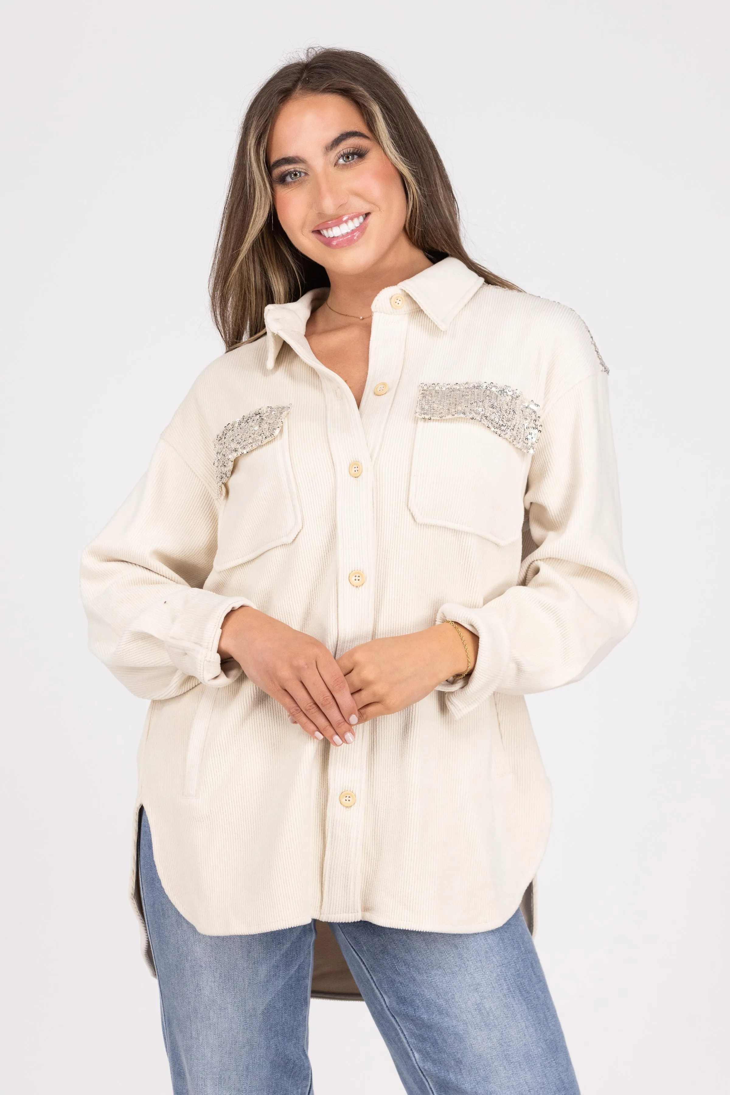 Unbedingt sehenswertes Damen-Cord-Schattenjackett mit Pailletten