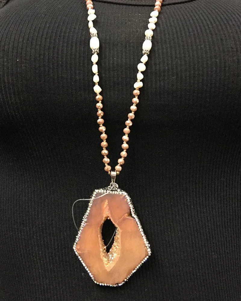 Champagne Druzy Halskette mit Kristallen und Süßwasserperlen