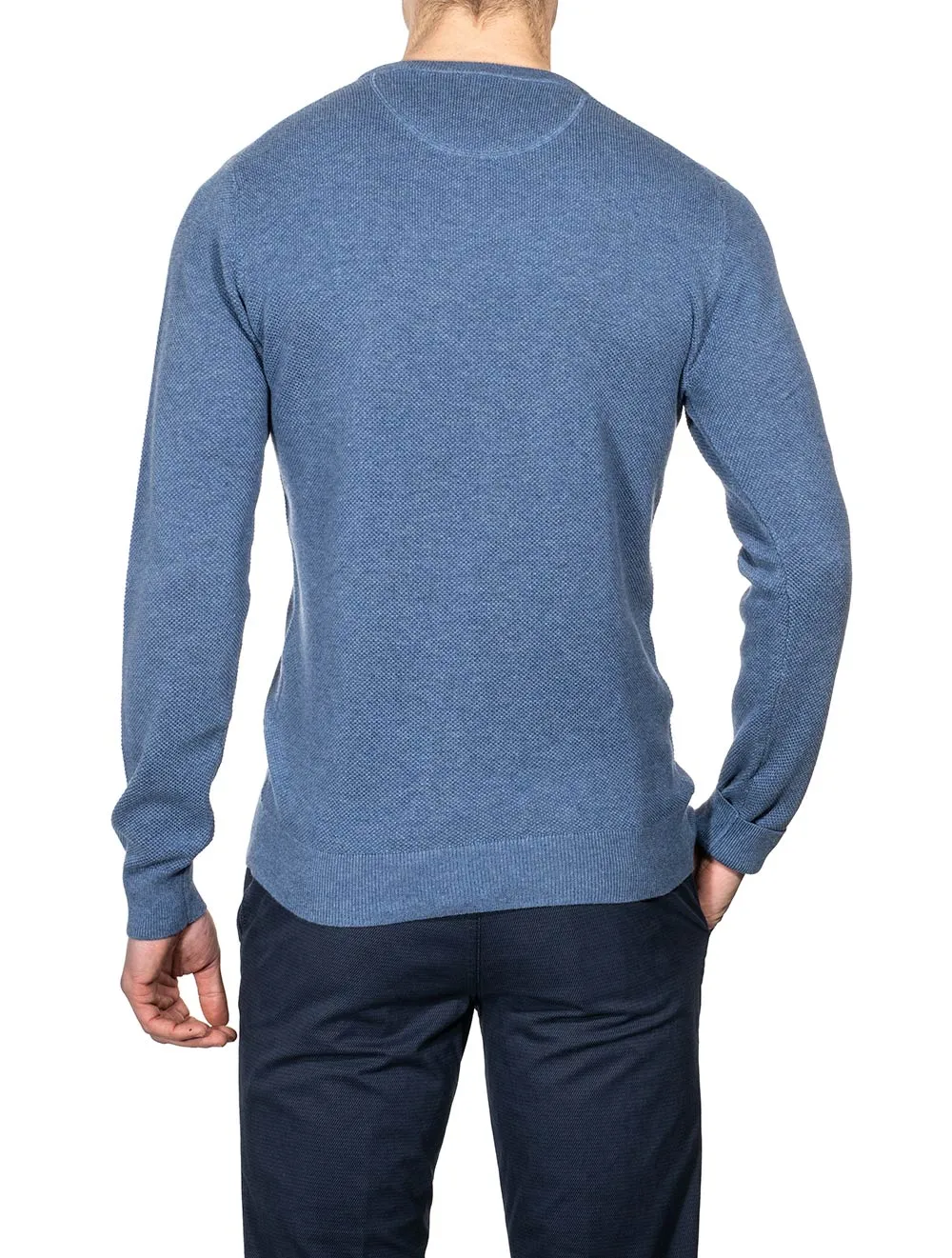 Baumwoll-Piqué-Pullover mit Rundhalsausschnitt in Denim-Blau Melange