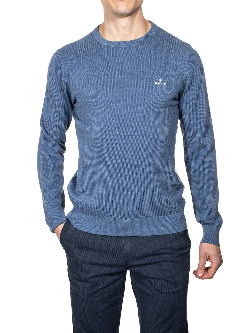 Baumwoll-Piqué-Pullover mit Rundhalsausschnitt in Denim-Blau Melange