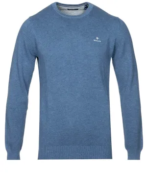 Baumwoll-Piqué-Pullover mit Rundhalsausschnitt in Denim-Blau Melange
