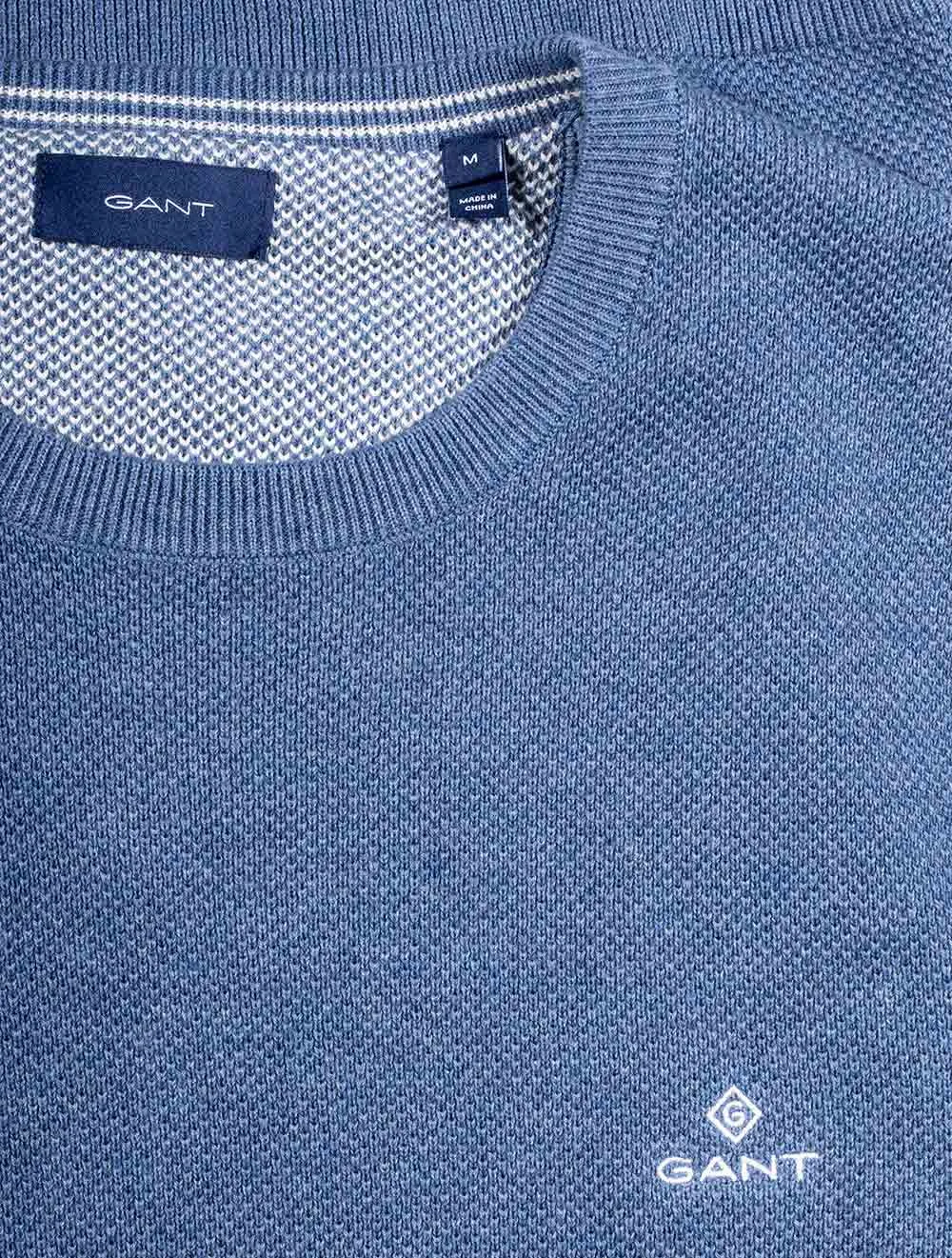 Baumwoll-Piqué-Pullover mit Rundhalsausschnitt in Denim-Blau Melange