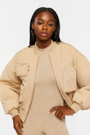 Forever 21 Damen Utility Bomberjacke mit Reißverschluss Khaki Forever 21
