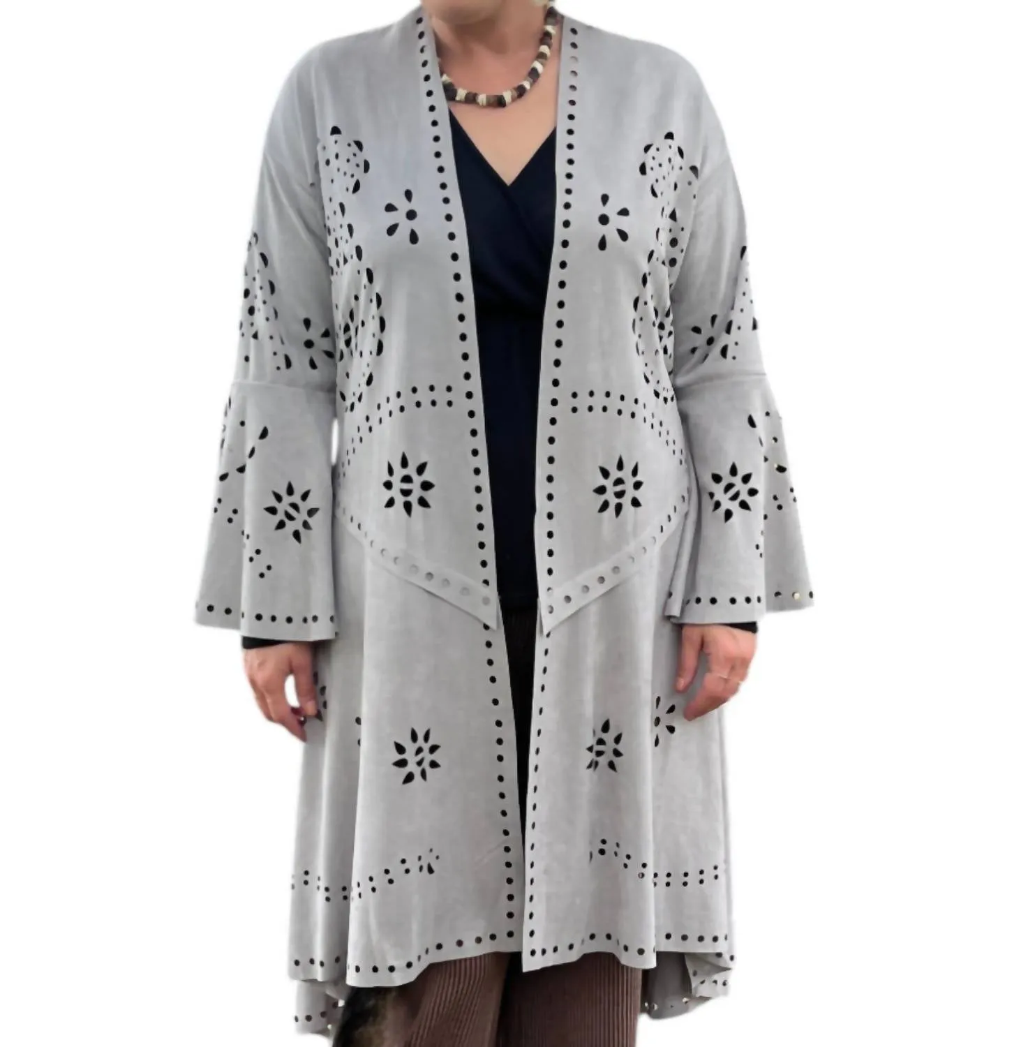 Laser-Cut-Langcardigan in Grau