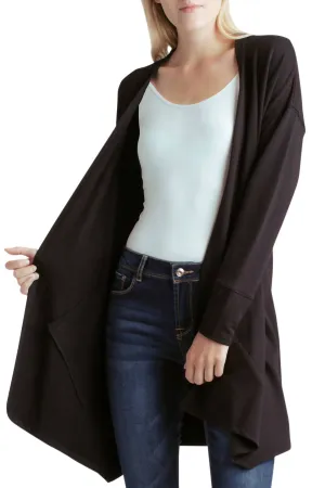 Langärmelige drapierte Fleece-Strickjacke mit Taschen in Schwarz