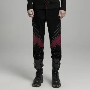 Herren Punk Riemchen Kunstleder-Splice Hose Schwarz Rot