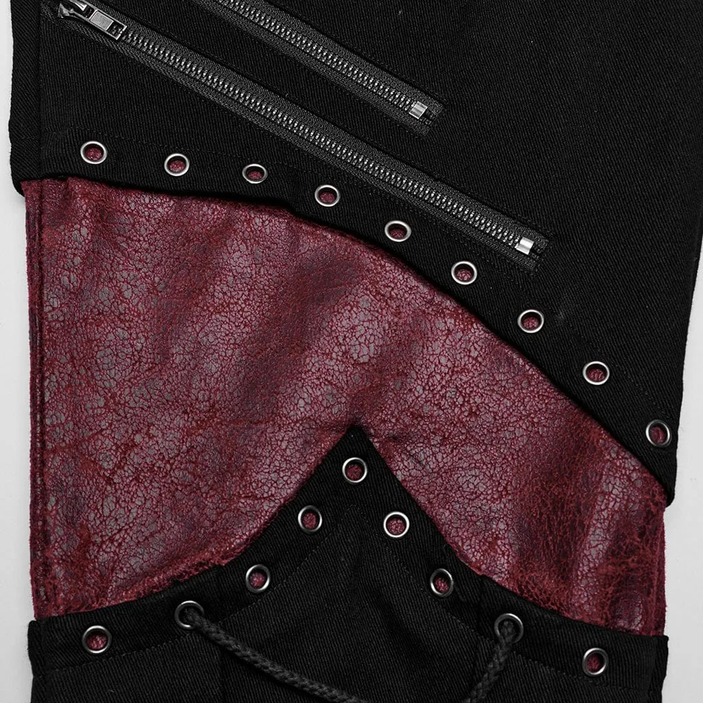 Herren Punk Riemchen Kunstleder-Splice Hose Schwarz Rot