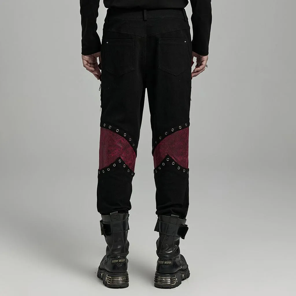 Herren Punk Riemchen Kunstleder-Splice Hose Schwarz Rot