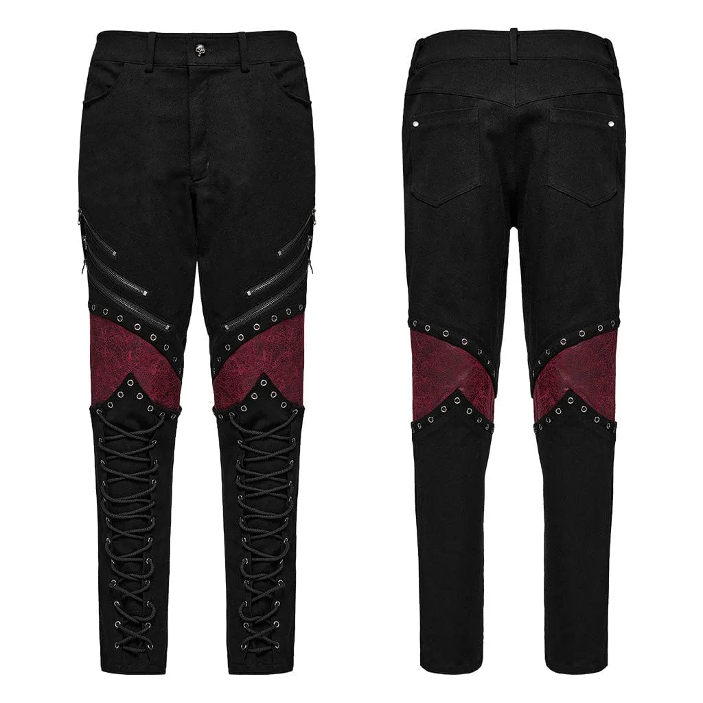 Herren Punk Riemchen Kunstleder-Splice Hose Schwarz Rot