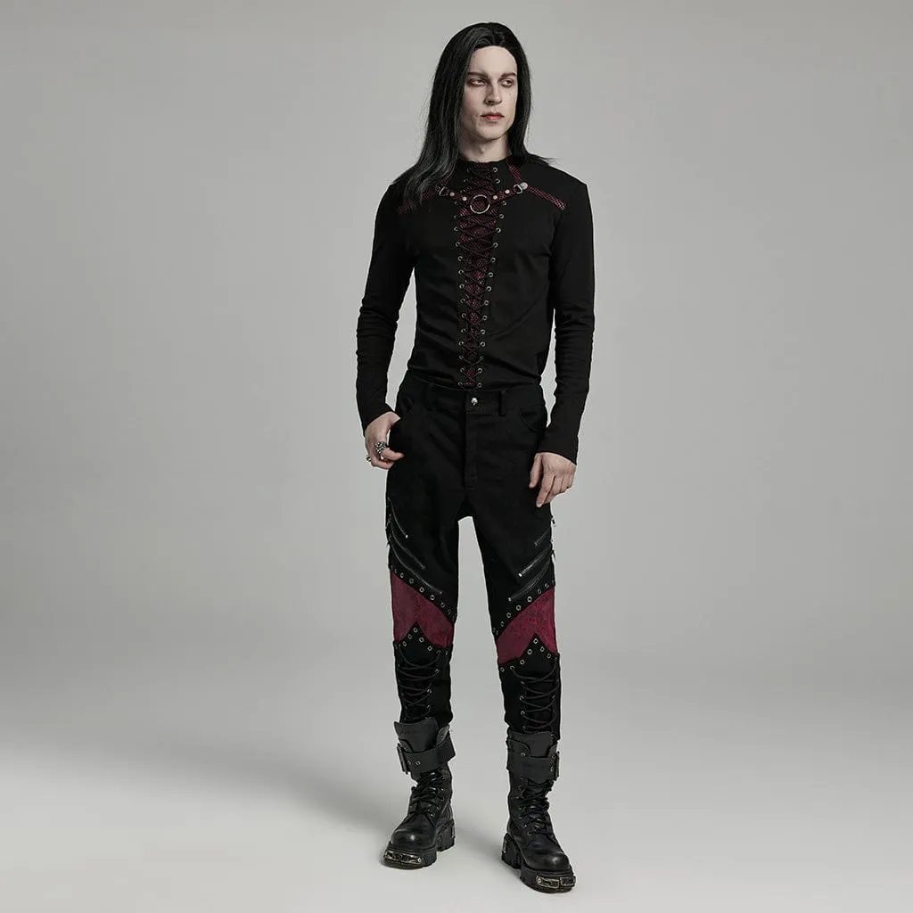 Herren Punk Riemchen Kunstleder-Splice Hose Schwarz Rot