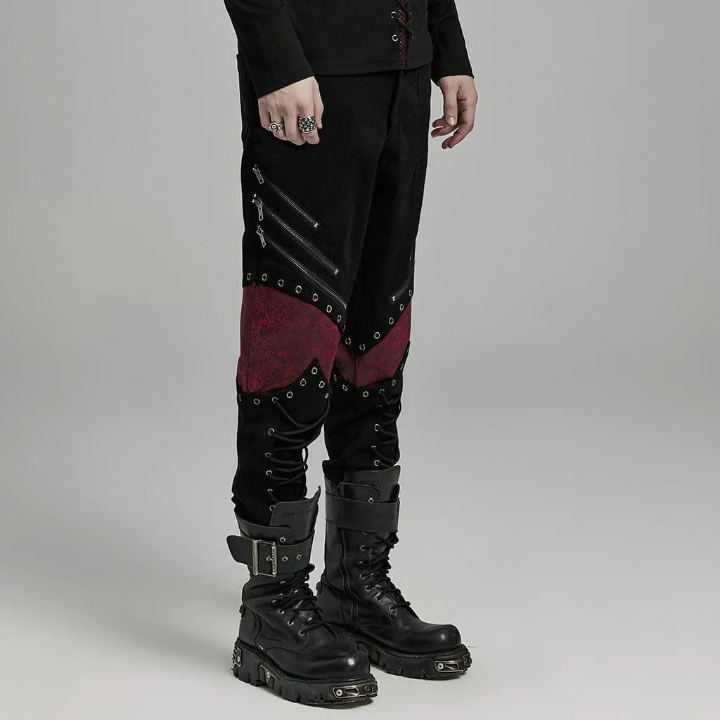 Herren Punk Riemchen Kunstleder-Splice Hose Schwarz Rot