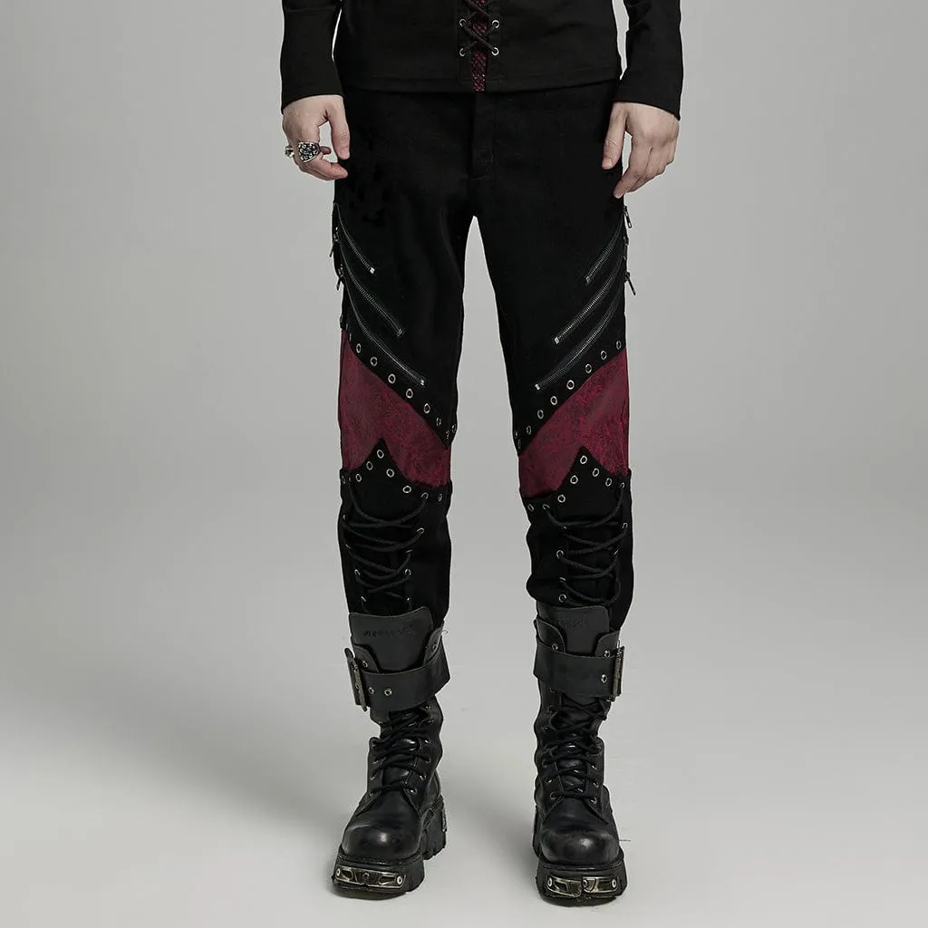 Herren Punk Riemchen Kunstleder-Splice Hose Schwarz Rot