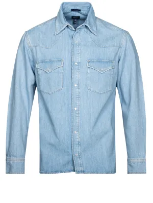 Lockeres Denim Western-Hemd in Hellblau mit Used-Optik