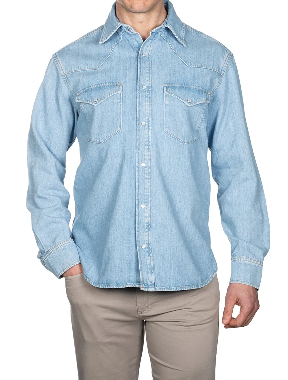Lockeres Denim Western-Hemd in Hellblau mit Used-Optik