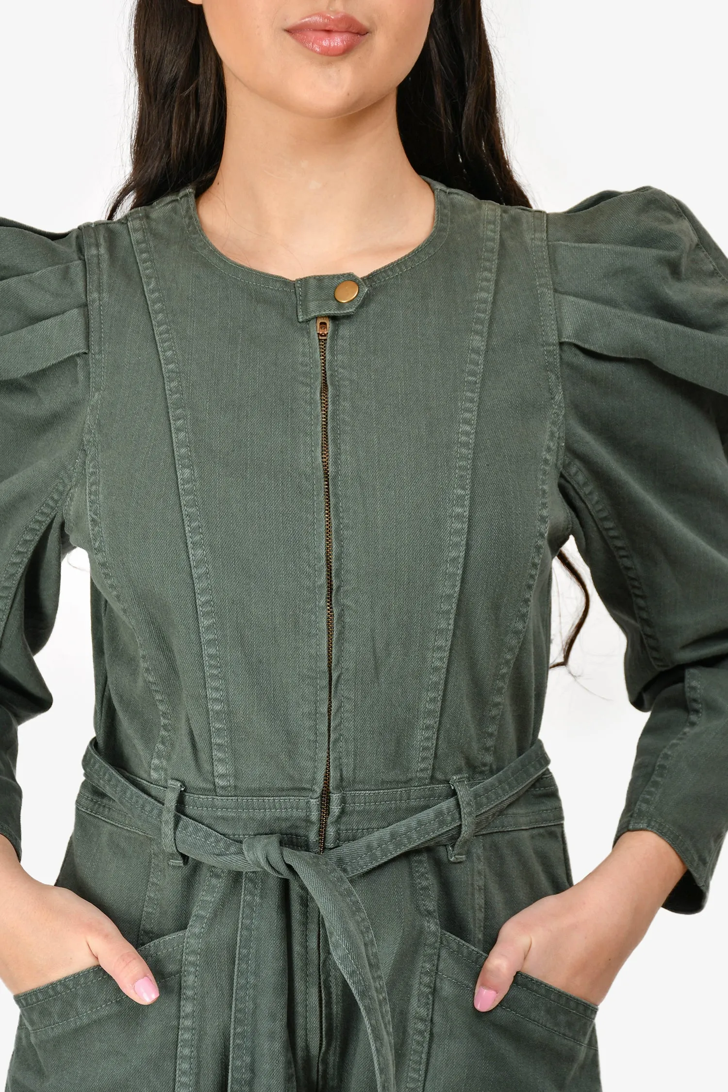 Ulla Johnson Grüne Denim Overall mit Puffärmeln und Gürtel in Größe 6