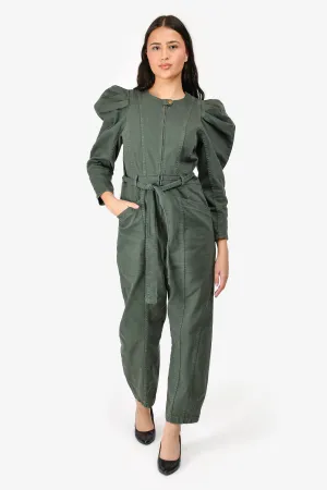 Ulla Johnson Grüne Denim Overall mit Puffärmeln und Gürtel in Größe 6