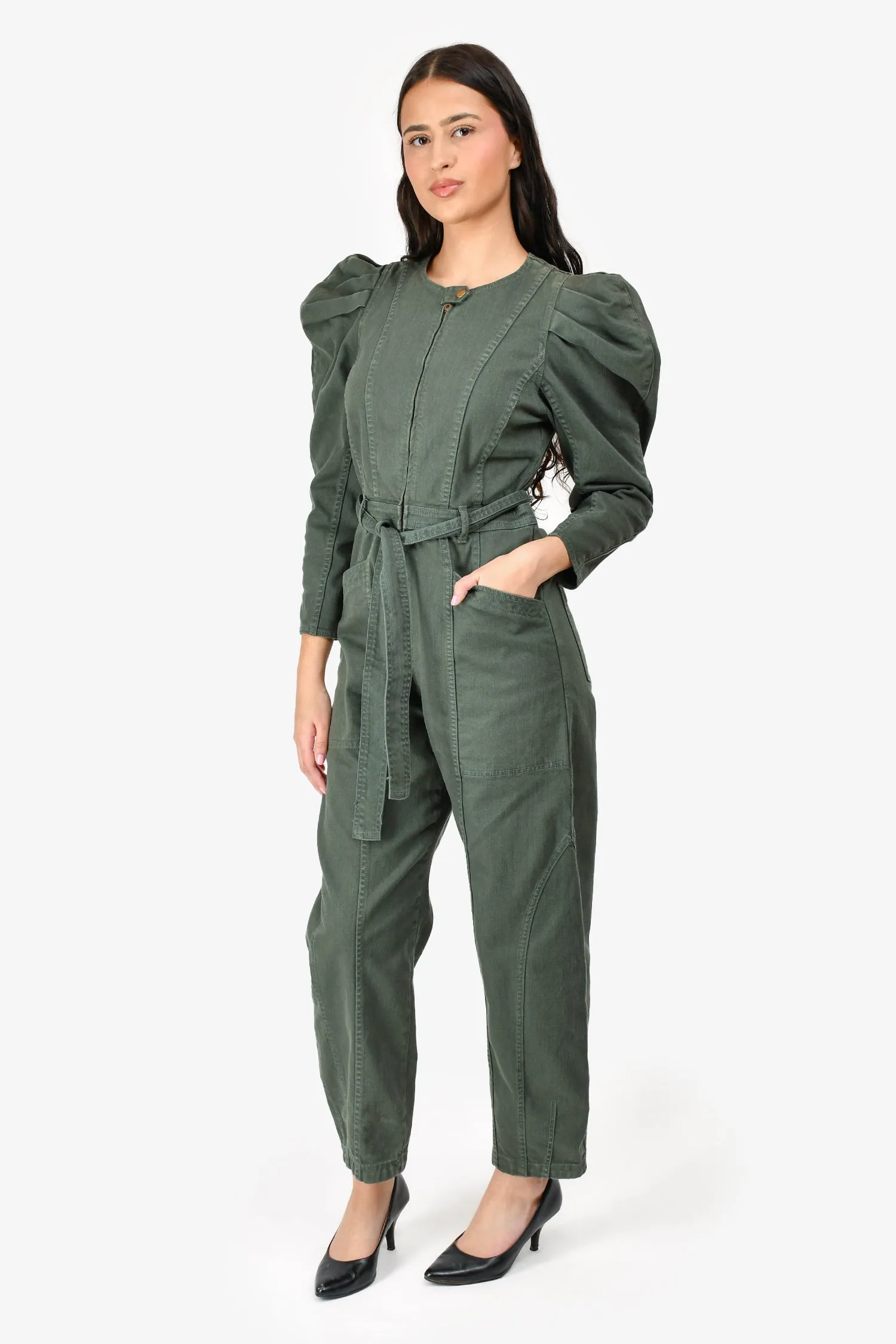 Ulla Johnson Grüne Denim Overall mit Puffärmeln und Gürtel in Größe 6