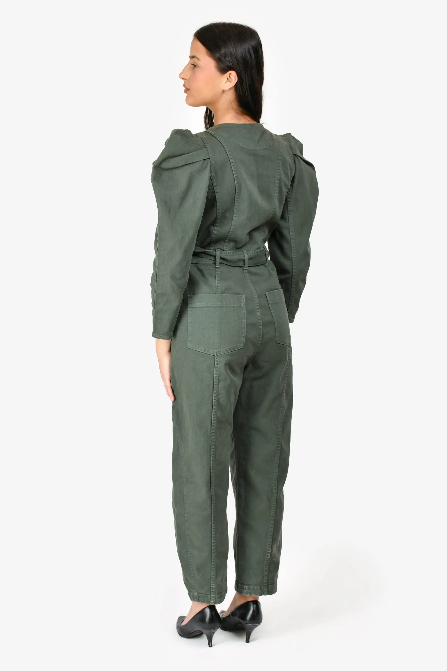 Ulla Johnson Grüne Denim Overall mit Puffärmeln und Gürtel in Größe 6