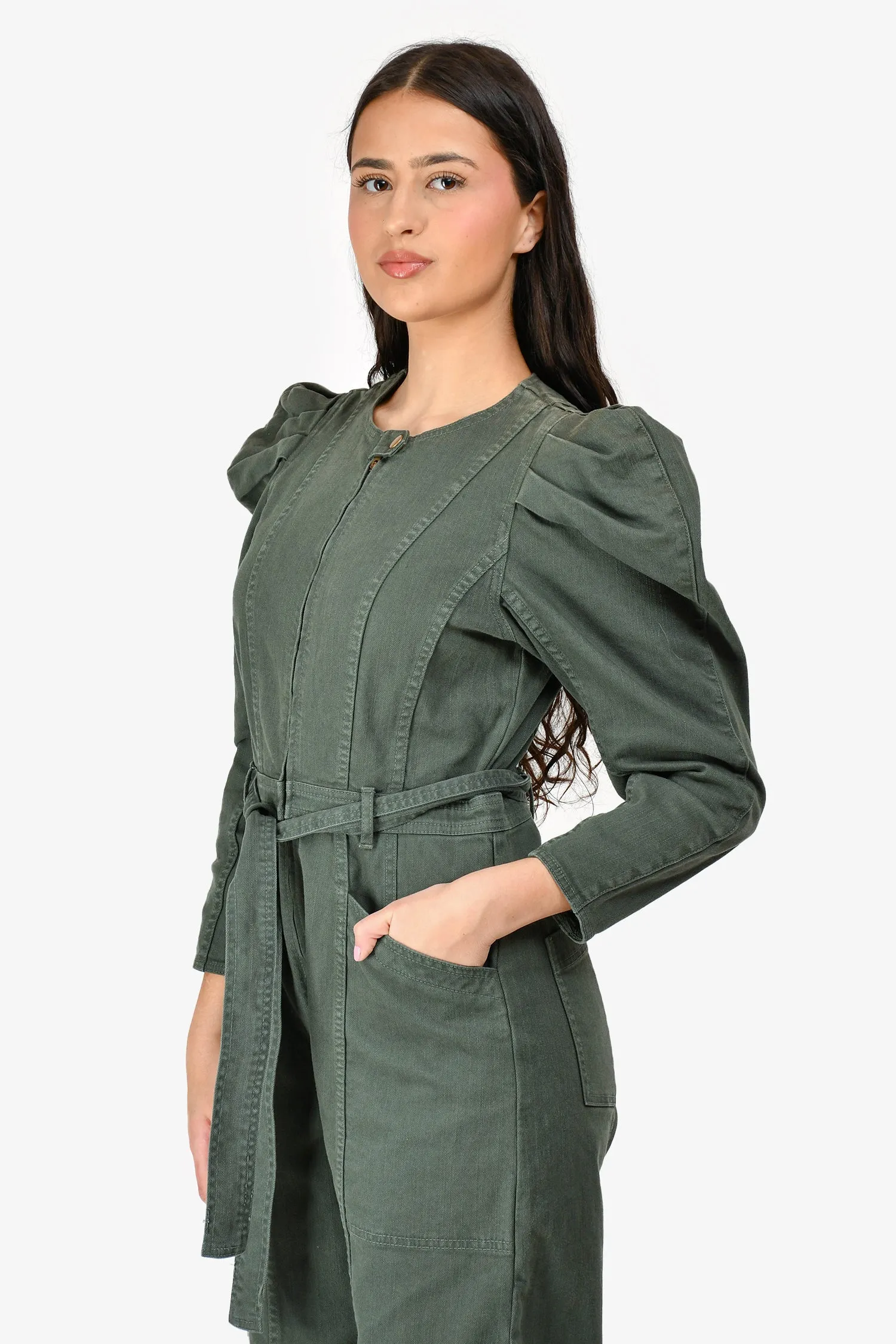 Ulla Johnson Grüne Denim Overall mit Puffärmeln und Gürtel in Größe 6