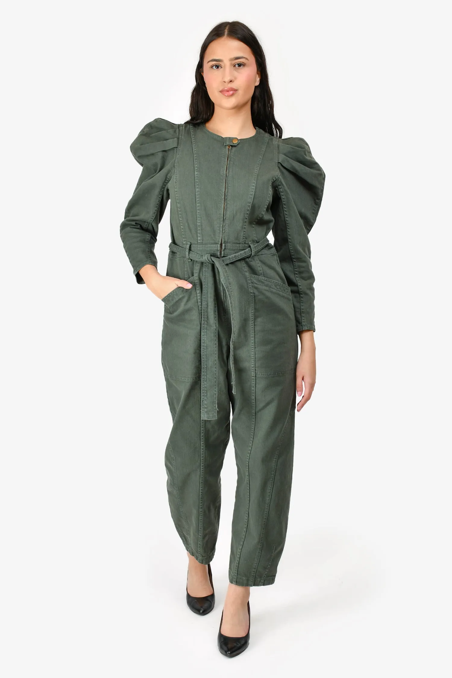 Ulla Johnson Grüne Denim Overall mit Puffärmeln und Gürtel in Größe 6