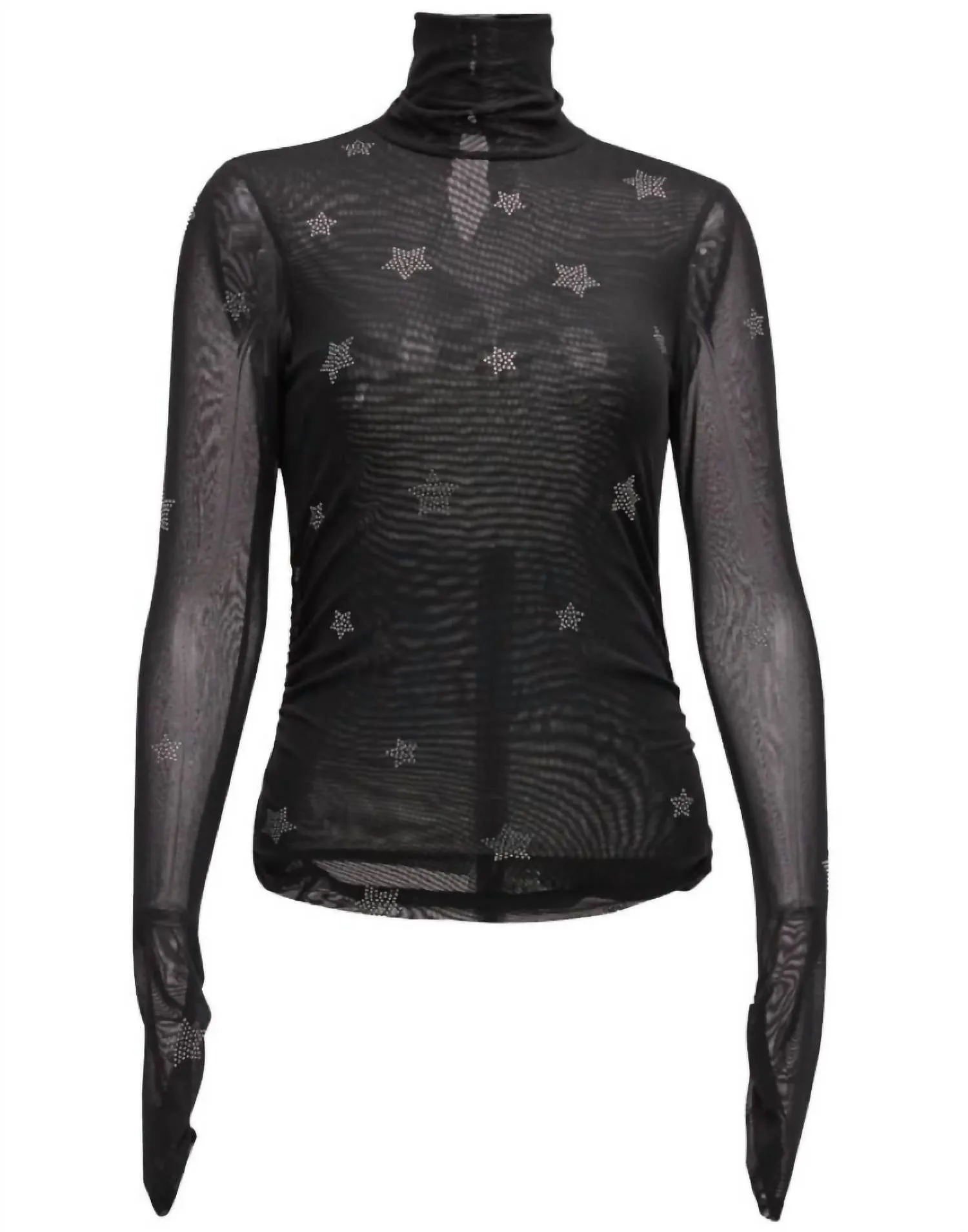 Damen Sternchen-Rüschen-Mesh-Turtleneck-Top in Schwarz