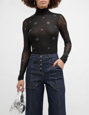 Damen Sternchen-Rüschen-Mesh-Turtleneck-Top in Schwarz