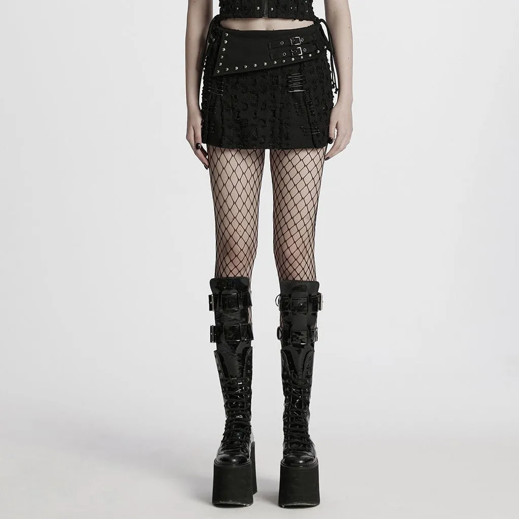Damen-Punk Nieten Zerrissene Denim-Rock